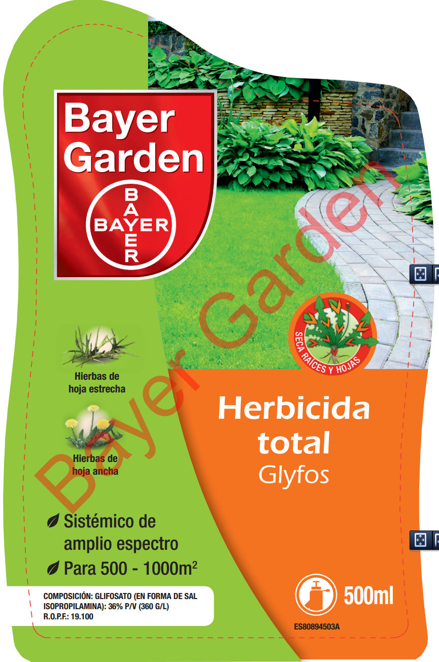 Etiqueta de Glyfos, herbicida total de Bayer Cortacesped a bateria RM41A de Outils WOLF